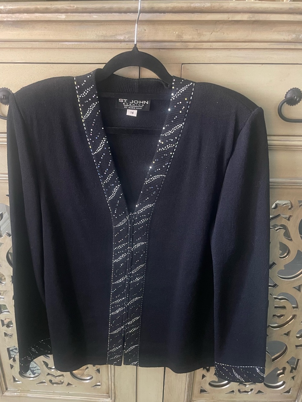 St. John evening Black Open-Front Knit Jacket with Crystal Trim